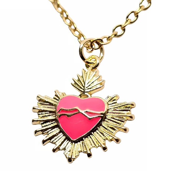 Hot Pink Sacred Heart Crown of Thorns Fiery Radiant Jesus Mary Catholic Necklace - Picture 9 of 16